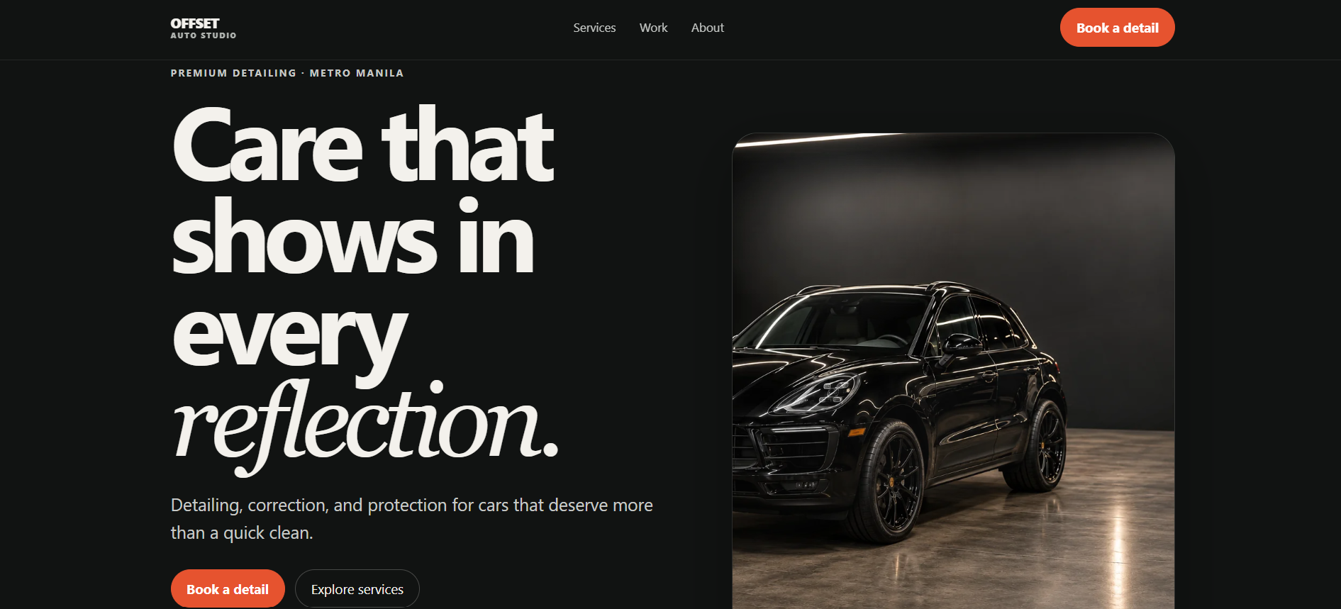 OFFSET homepage: oversized Care that shows in every reflection headline and a black Porsche